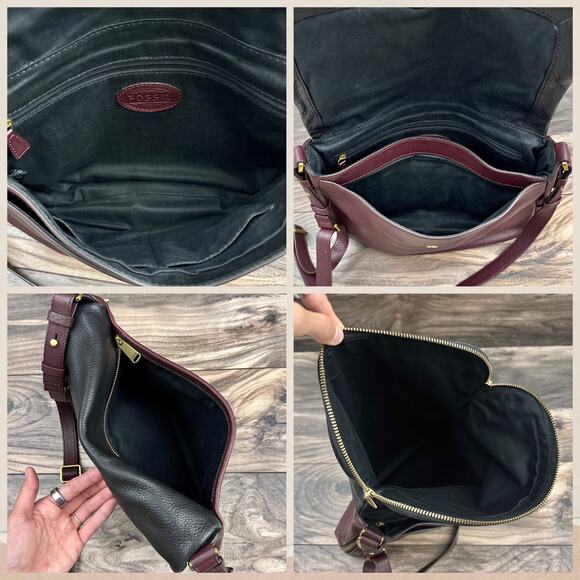 Fossil Leather Zipper Crossbody Shoulder Satchel Saddle Bag Black Burgundy - Picture 14 of 14
